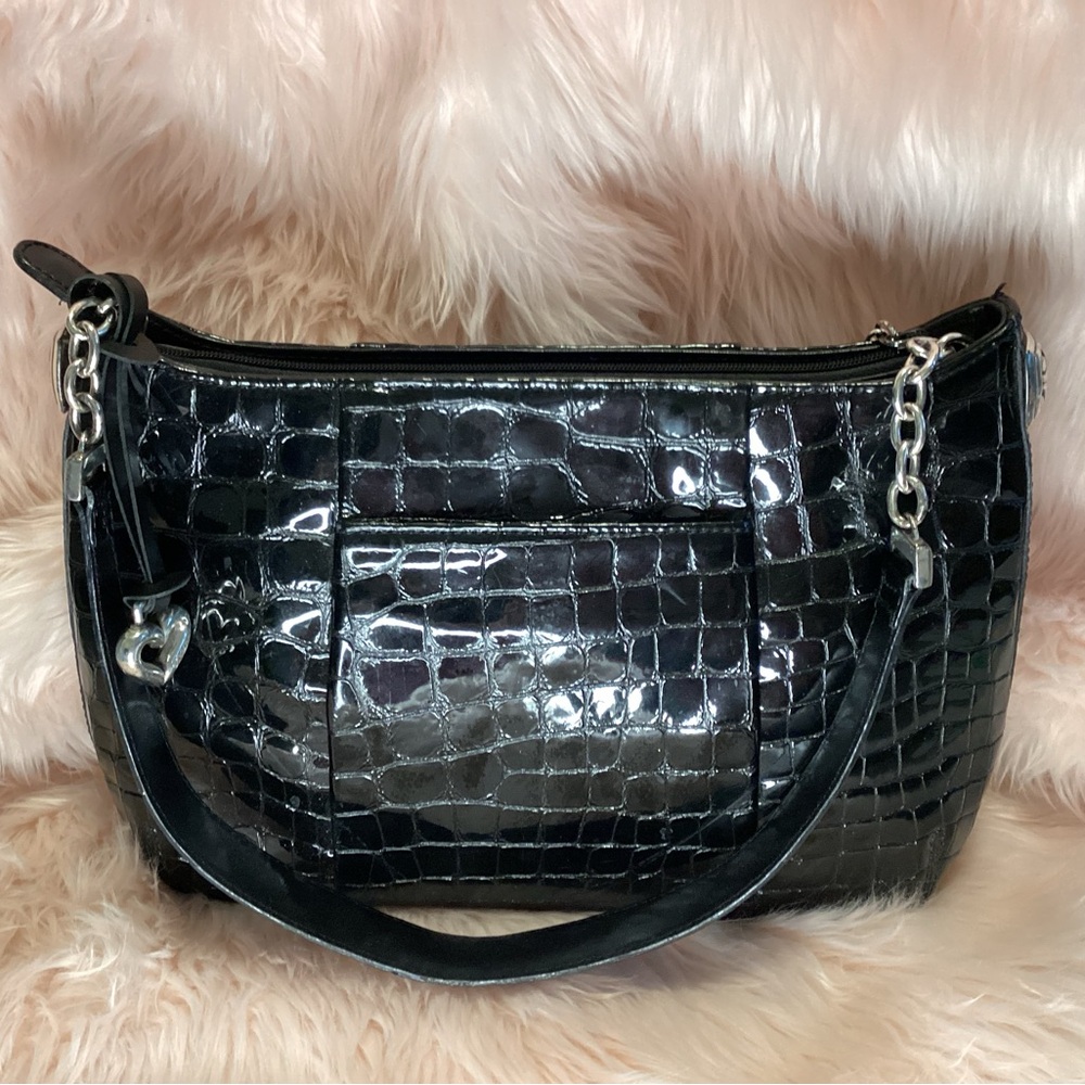 Brighton Black Crocodile-Textured Shoulder Bag with Silver Accents
